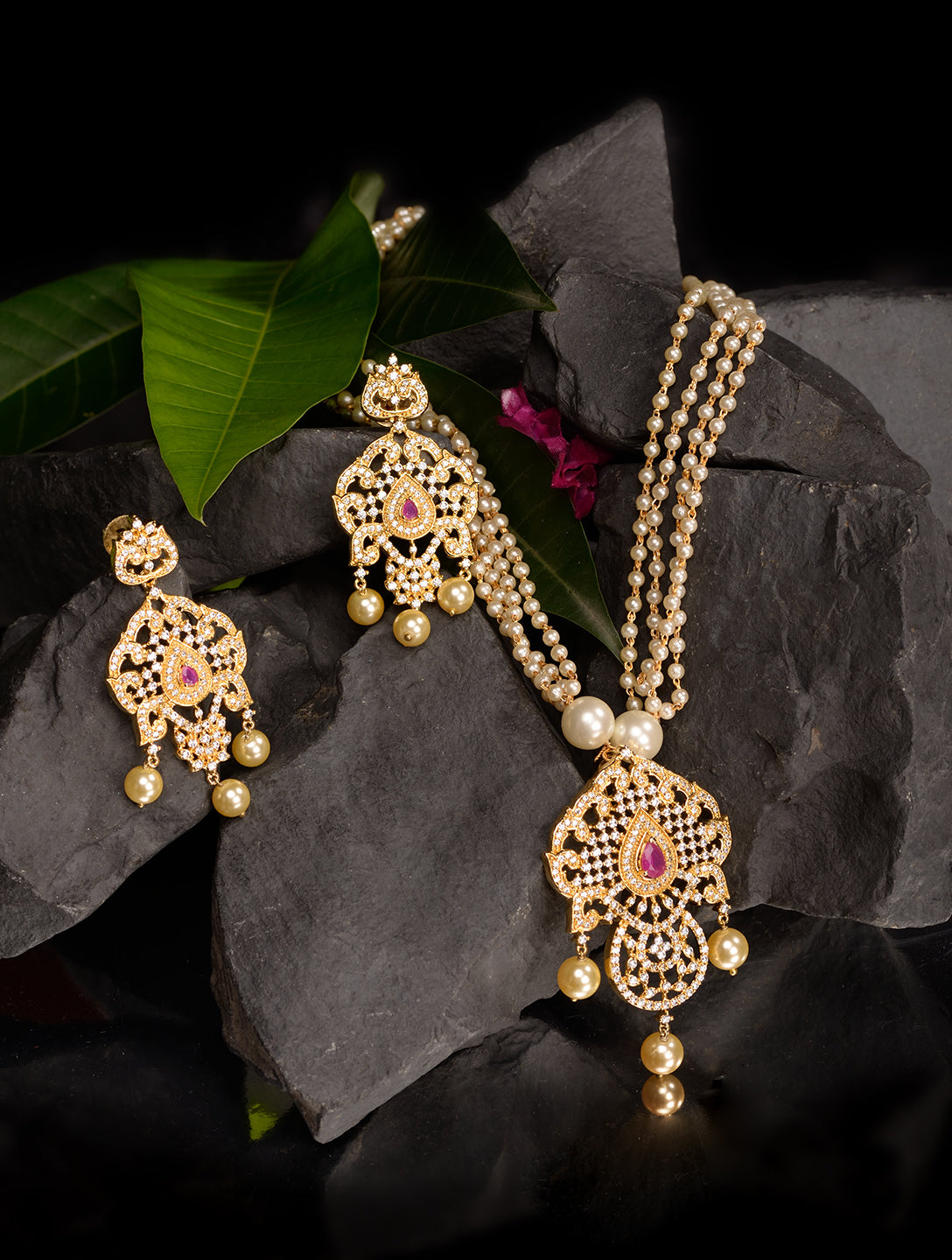 Gold Plated Red AD and Pearl Studded Traditional PendantNecklace White Pearl Mala and Earrings
